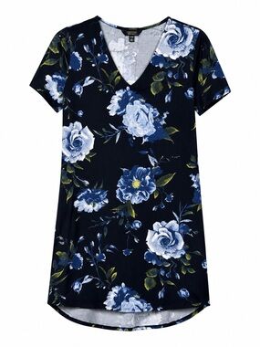 Christian Siriano Floral Dress M Blue Black V Neck Shift Tunic Casual Midi Dress